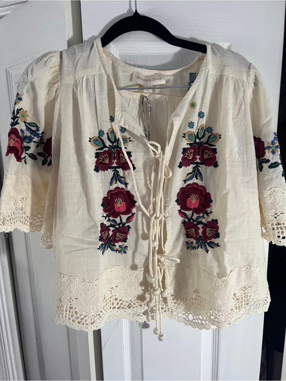 Embroidered Cream Peasant Blouse with Lace Trim - Picture 6 of 13